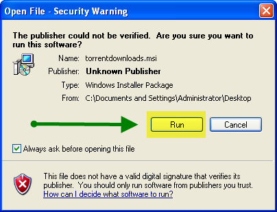 A Security Warning window will open. Click on "Run" in order to continue